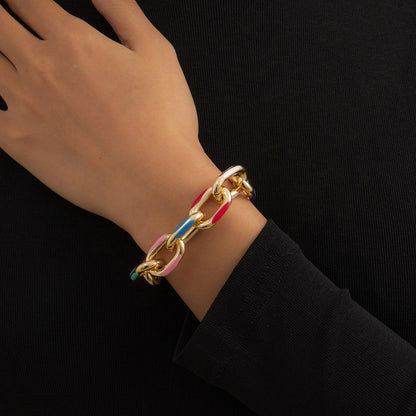 Multicolor Enamel and 18K Gold-Plated Cable Chain Bracelet, gold bracelet for women, vintage-inspired design, front view