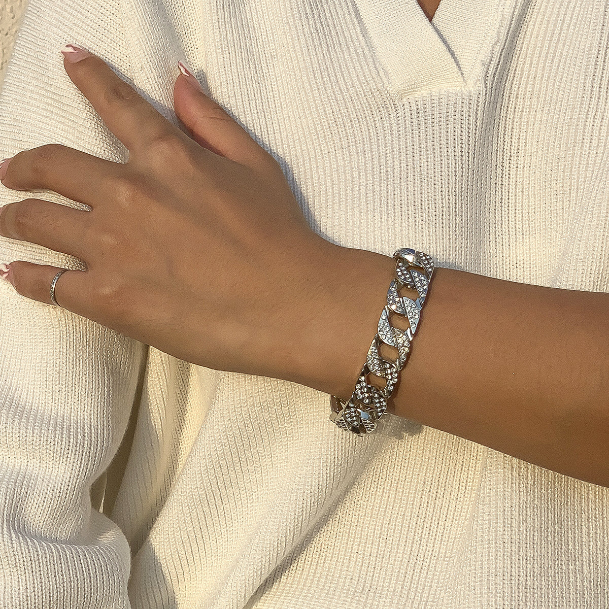 Cubic Zirconia and Silver-Plated Curb Chain Bracelet, silver bracelet for women, elegant gift for her, side view