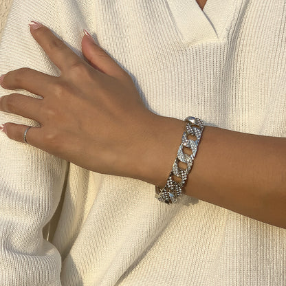 Cubic Zirconia and Silver-Plated Curb Chain Bracelet, silver bracelet for women, elegant gift for her, side view