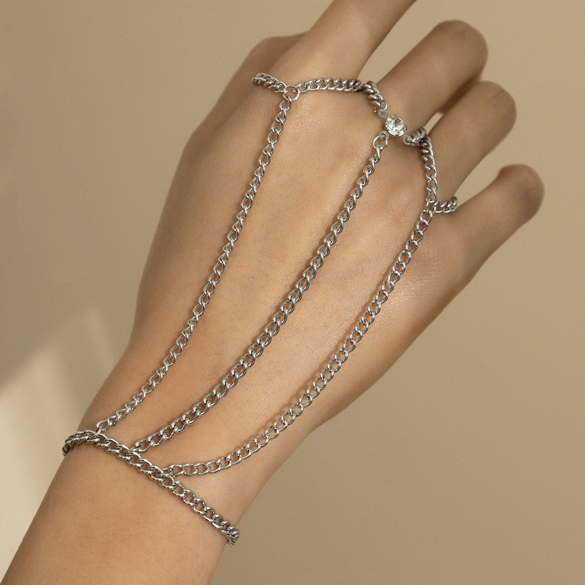 Cubic Zirconia and Silver-Plated Thin Tri-Ring Wrist-To-Ring Bracelet, silver bracelet for women, front view