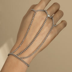 Cubic Zirconia & Silver-Plated Thin Tri-Ring Wrist-To-Ring Bracelet
