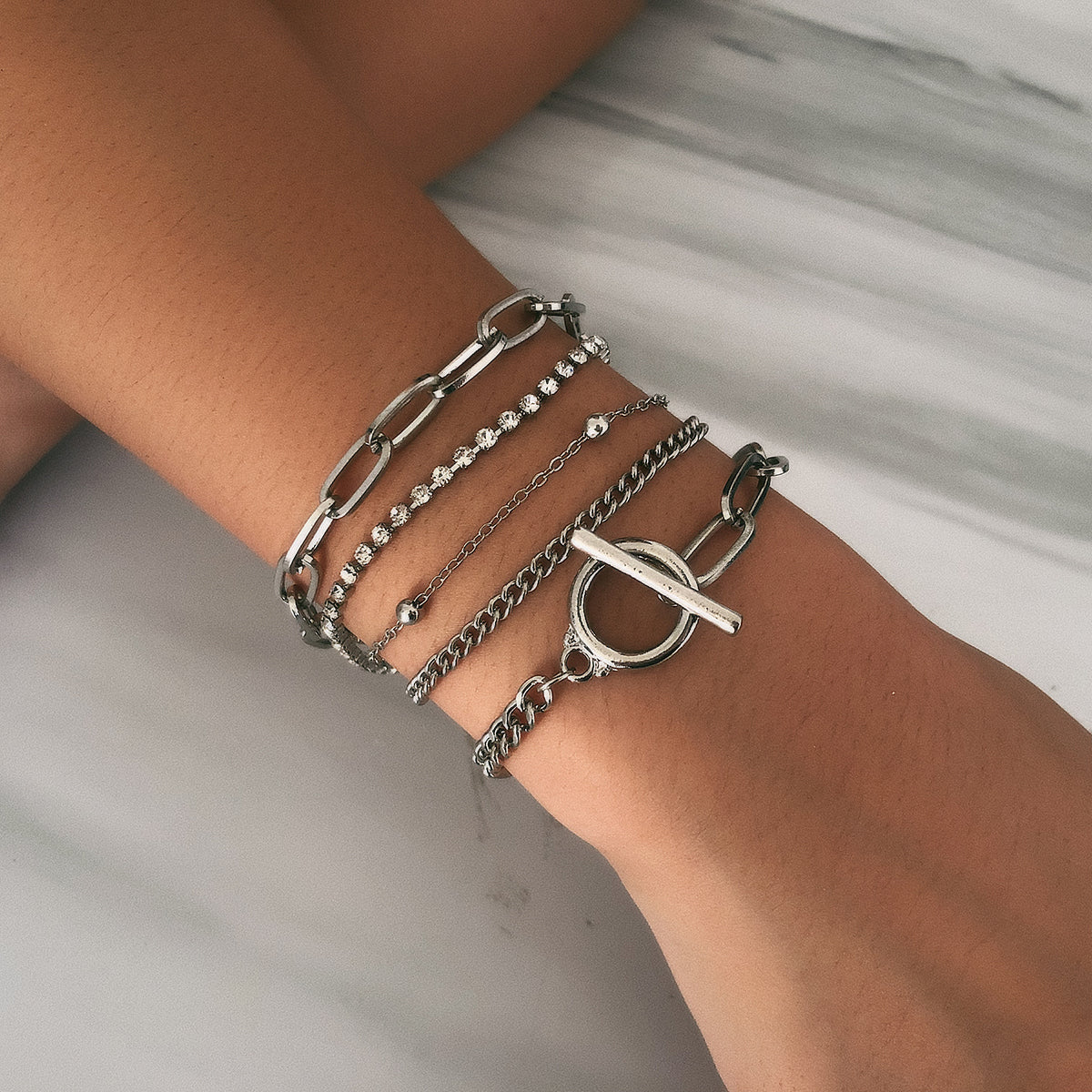 Cubic Zirconia and Silver-Plated Curb Chain Bracelet Set, jewelry gift sets for women, vintage-inspired design, front view