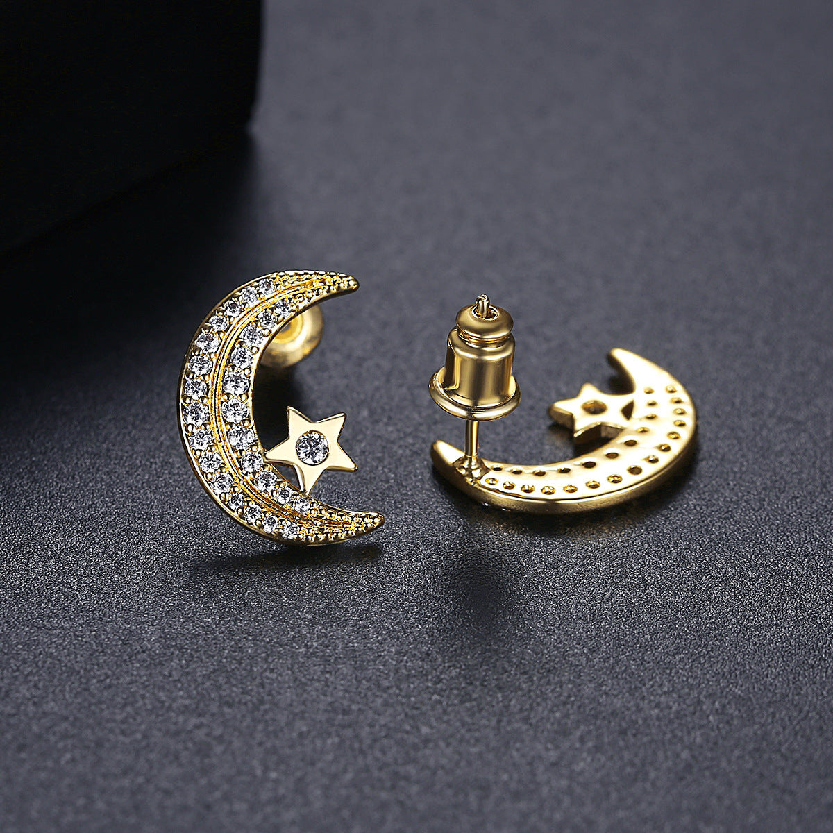 Cubic Zirconia and 18K Gold-Plated Moon Stud Earrings, gold stud earrings for women, elegant gift for her, detail close-up