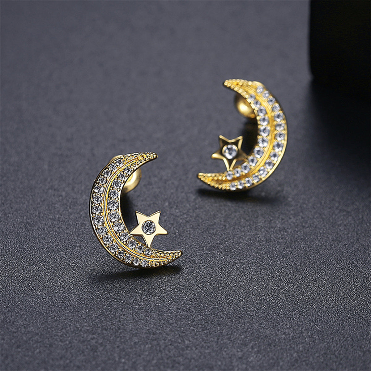 Cubic Zirconia and 18K Gold-Plated Moon Stud Earrings, gold stud earrings for women, elegant gift for her, side view