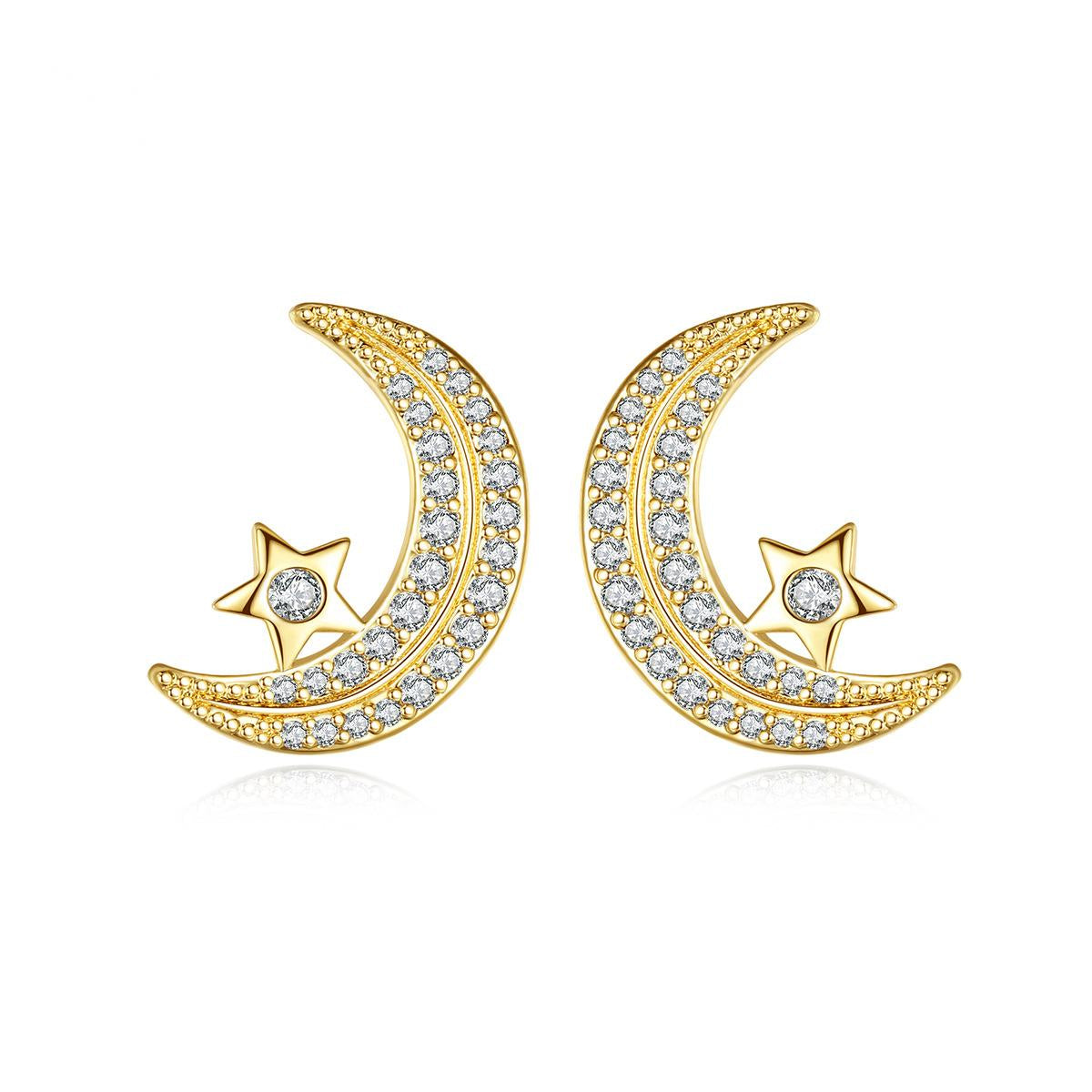 Cubic Zirconia and 18K Gold-Plated Moon Stud Earrings, gold stud earrings for women, elegant gift for her, front view