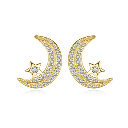Cubic Zirconia and 18K Gold-Plated Moon Stud Earrings, gold stud earrings for women, elegant gift for her, front view