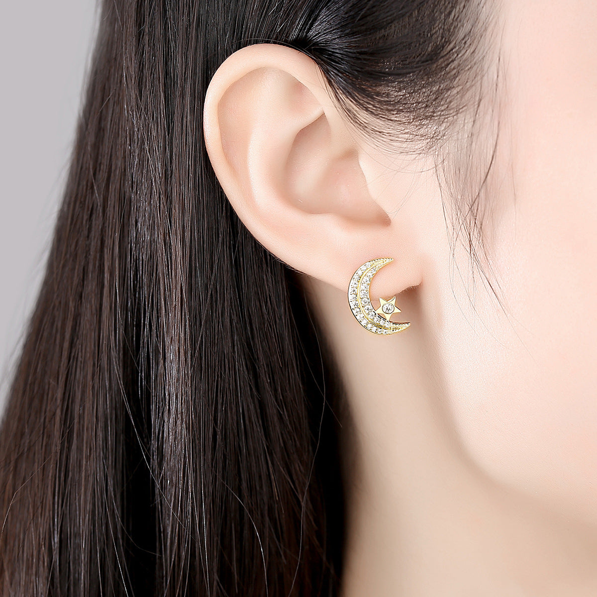 Cubic Zirconia and 18K Gold-Plated Moon Stud Earrings, gold stud earrings for women, elegant gift for her, lifestyle look
