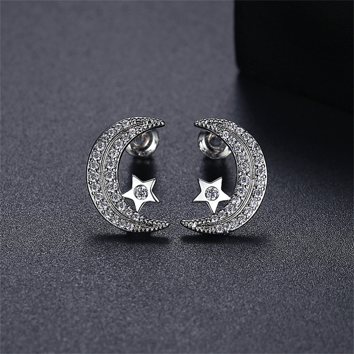 Cubic Zirconia and Silver-Plated Moon Star Stud Earrings, silver stud earrings for women, front view