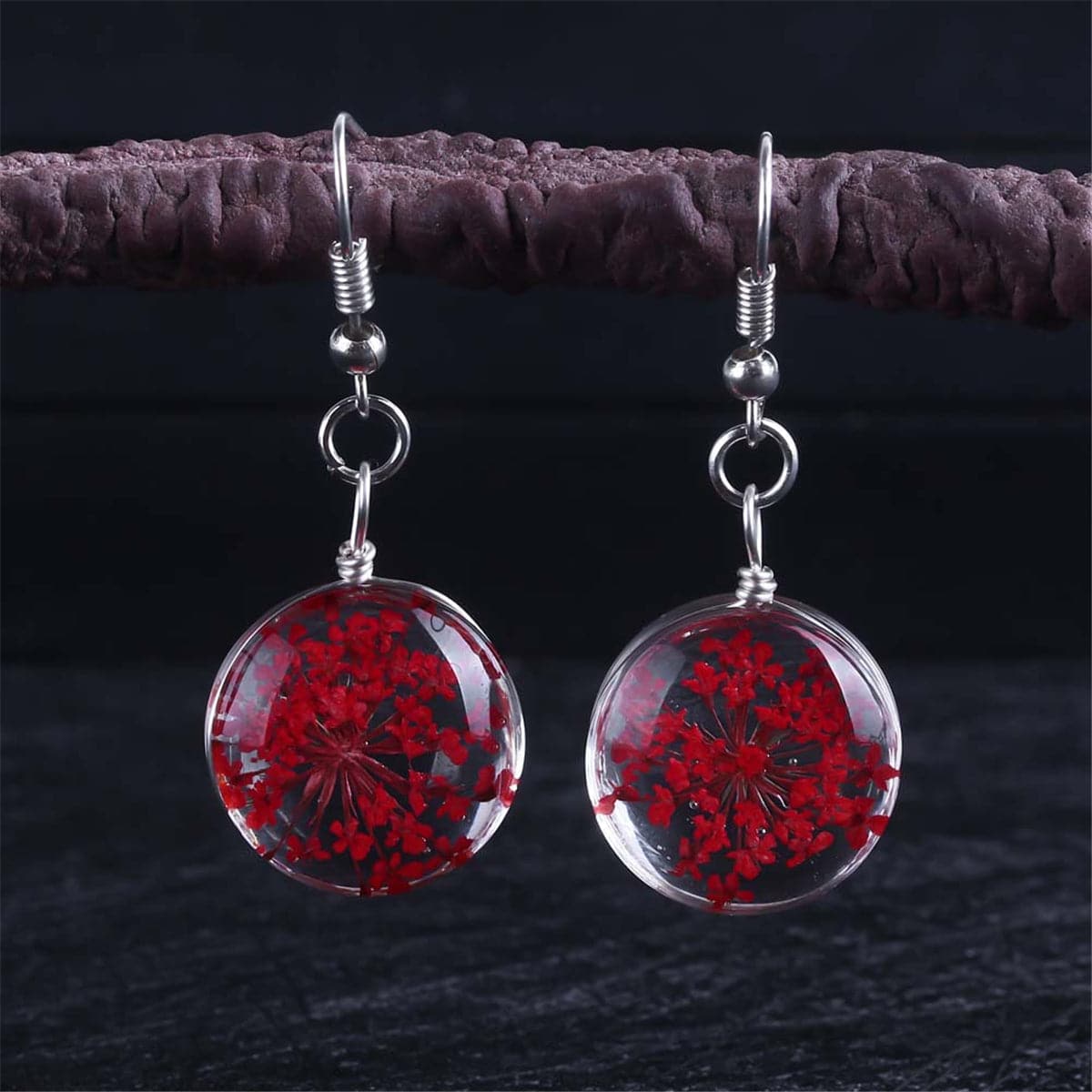 Red Gypsophila and Silver Plated Drop Earrings, silver drop earrings for women, everyday style, front view