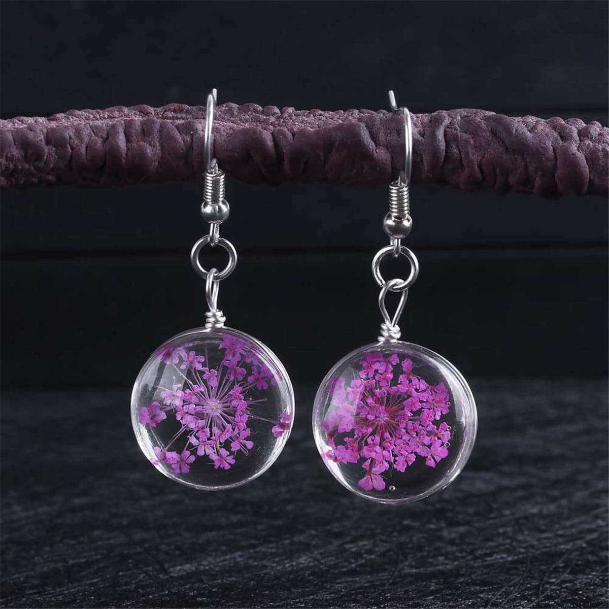 Rose Gypsophila and Silver Plated Drop Earrings, silver drop earrings for women, everyday style, front view