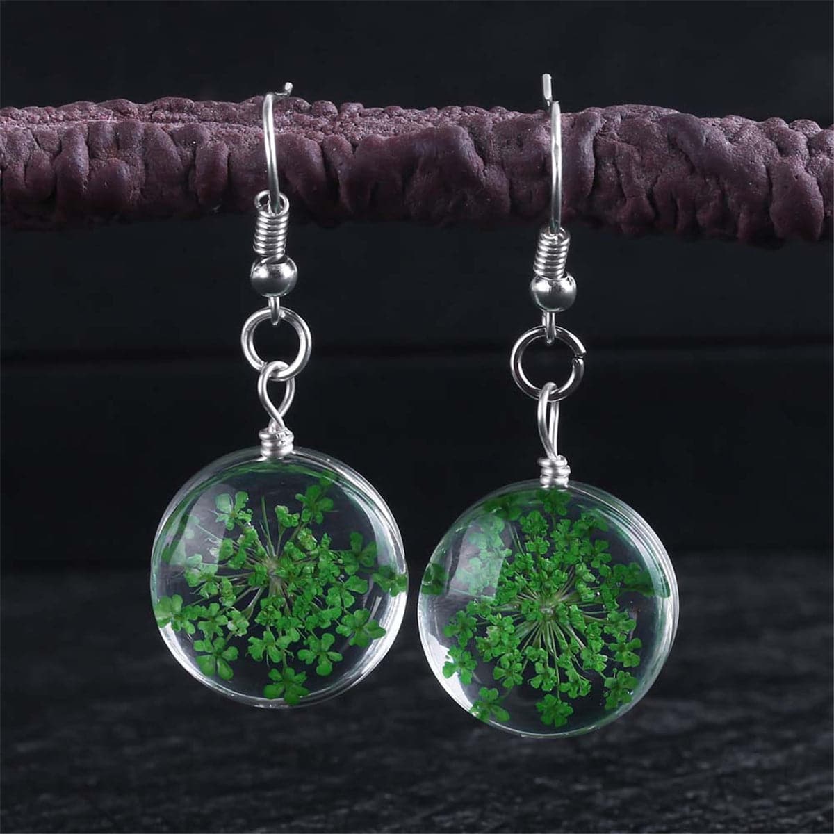 Green Gypsophila and Silver Plated Drop Earrings, silver drop earrings for women, vintage-inspired design, front view