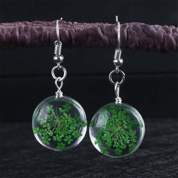 Green Gypsophila & Silver Plated Drop Earrings