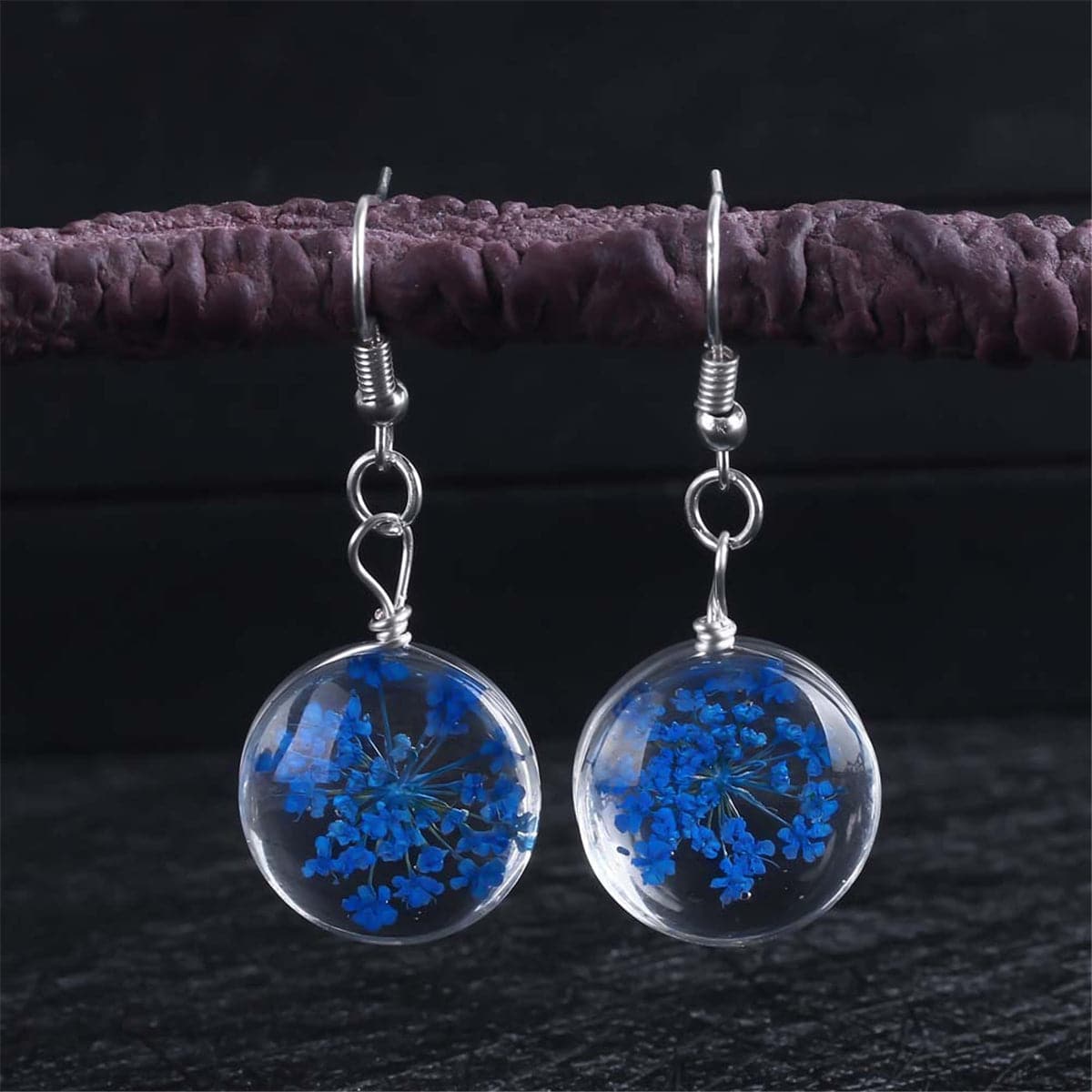 Navy Gypsophila and Silver Plated Drop Earrings, silver drop earrings for women, vintage-inspired design, front view