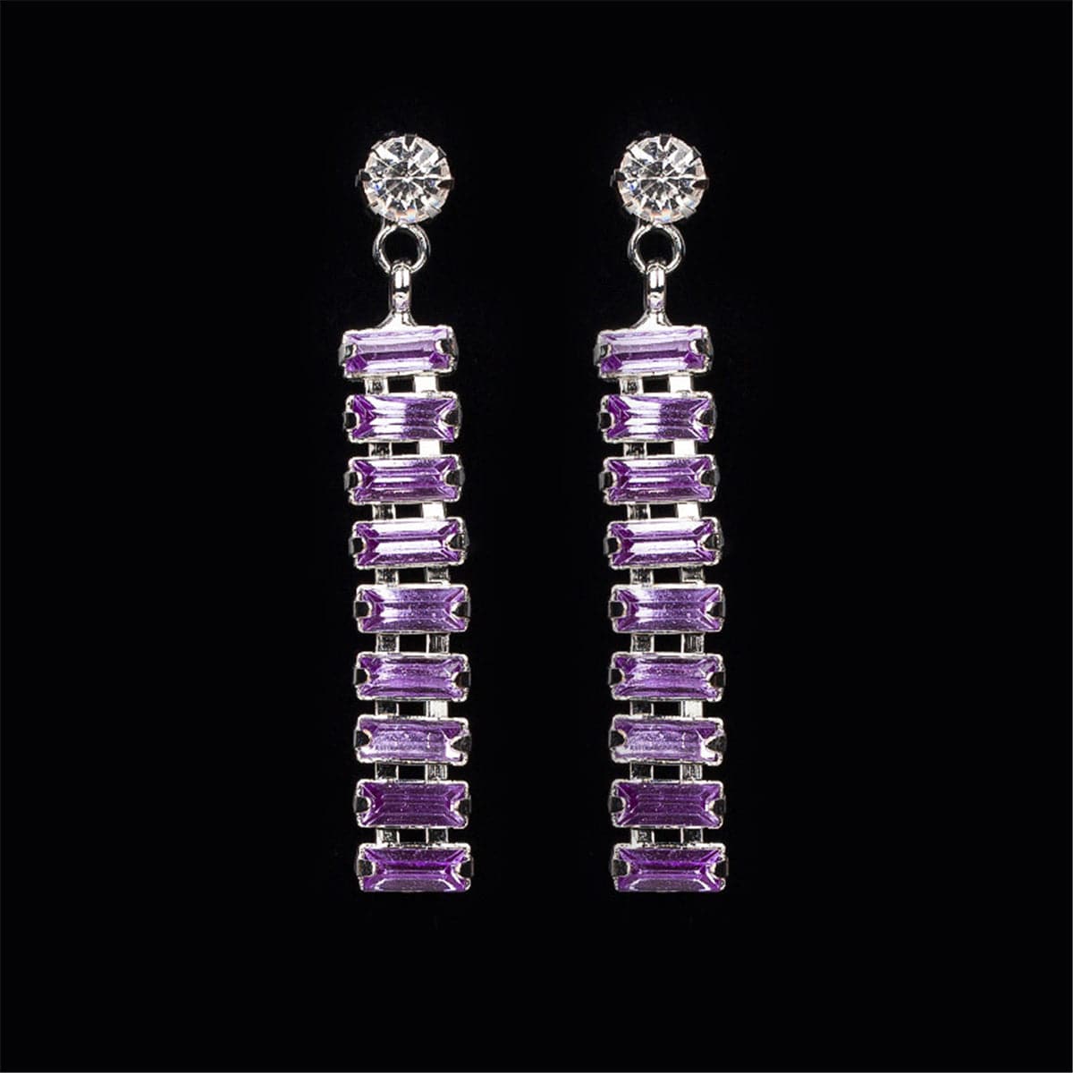 Purple & Silver-Plated Baguette Ladder Drop Earrings