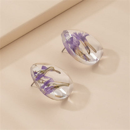 Purple Flower Petal and Silver-Plated Earrings, silver stud earrings for women, vintage-inspired design, side view