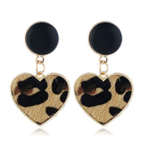 Brown Leopard Gabardine Heart Leather Drop Earrings - streetregion
