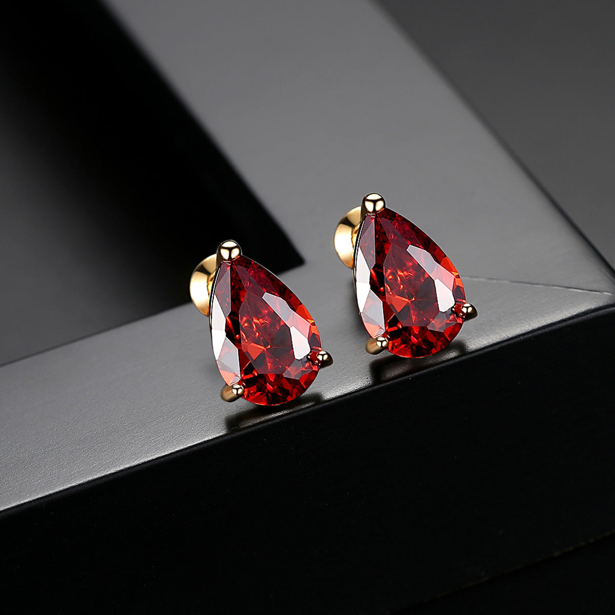 Red Crystal and 18K Gold-Plated Teardrop Stud Earrings, gold stud earrings for women, vintage-inspired design, front view