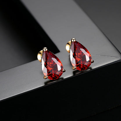 Red Crystal and 18K Gold-Plated Teardrop Stud Earrings, gold stud earrings for women, vintage-inspired design, front view