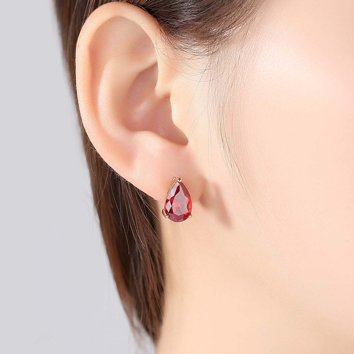 Red Crystal and 18K Gold-Plated Teardrop Stud Earrings, gold stud earrings for women, detail close-up