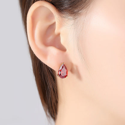 Red Crystal and 18K Gold-Plated Teardrop Stud Earrings, gold stud earrings for women, detail close-up