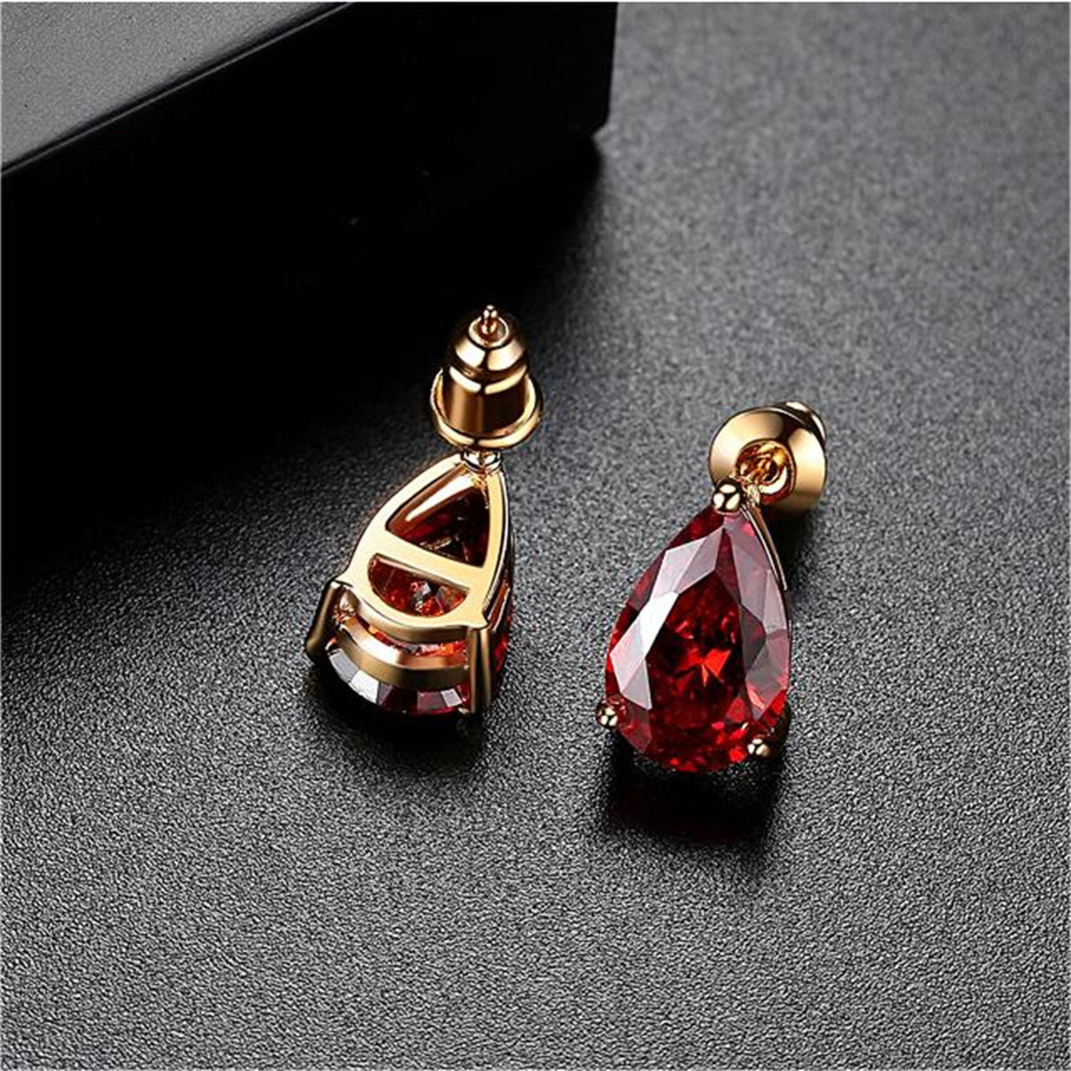 Red Crystal and 18K Gold-Plated Teardrop Stud Earrings, gold stud earrings for women, vintage-inspired design, side view