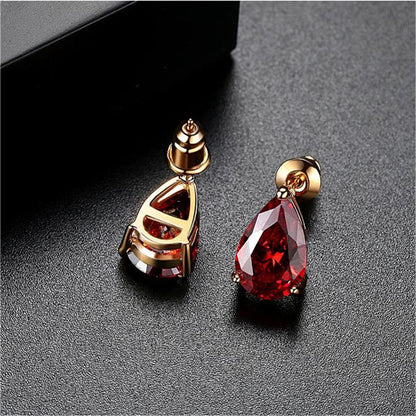 Red Crystal and 18K Gold-Plated Teardrop Stud Earrings, gold stud earrings for women, vintage-inspired design, side view