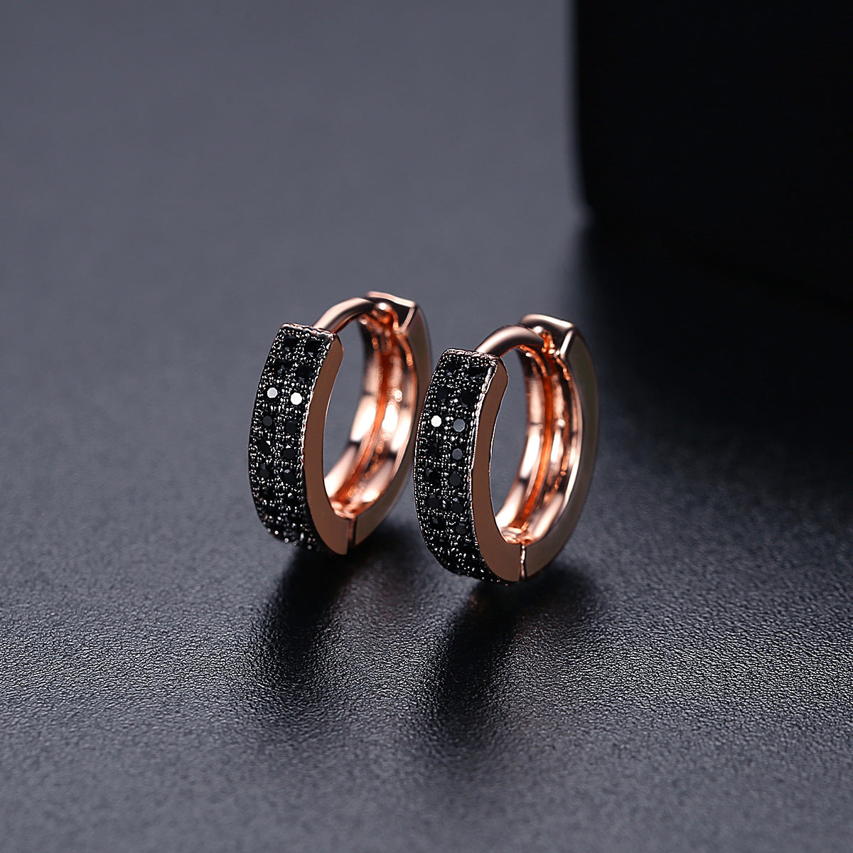 Black Cubic Zirconia & 18K Rose Gold-Plated Huggie Earrings