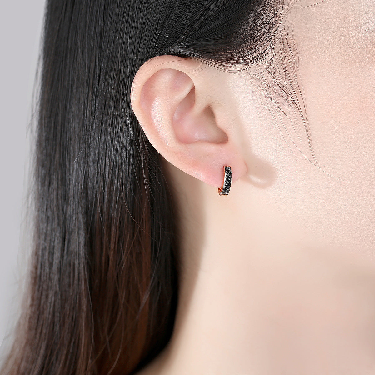 Black Cubic Zirconia & 18K Rose Gold-Plated Huggie Earrings