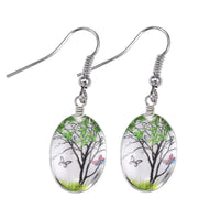 Green & Silver Plated Life Tree Butterfly Oval Drop Earrings