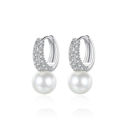 Pearl and Cubic Zirconia Huggie Earrings, huggie earrings, dainty minimalist design, side view