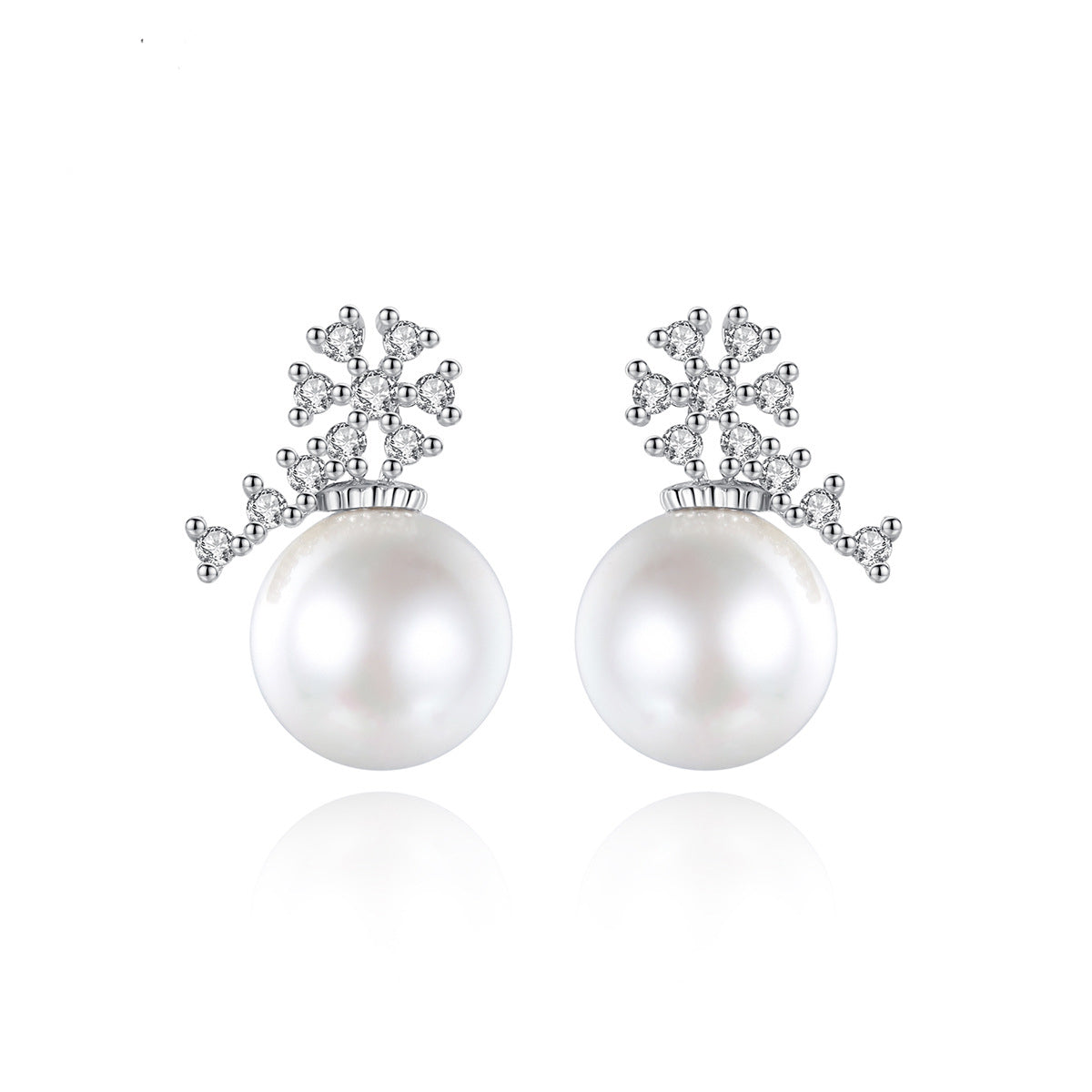 Pearl and Cubic Zirconia Silver-Plated Flower Drop Earrings, silver drop earrings for women, elegant gift for her, front view