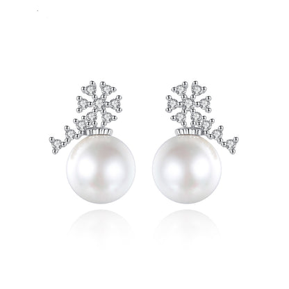 Pearl and Cubic Zirconia Silver-Plated Flower Drop Earrings, silver drop earrings for women, elegant gift for her, front view