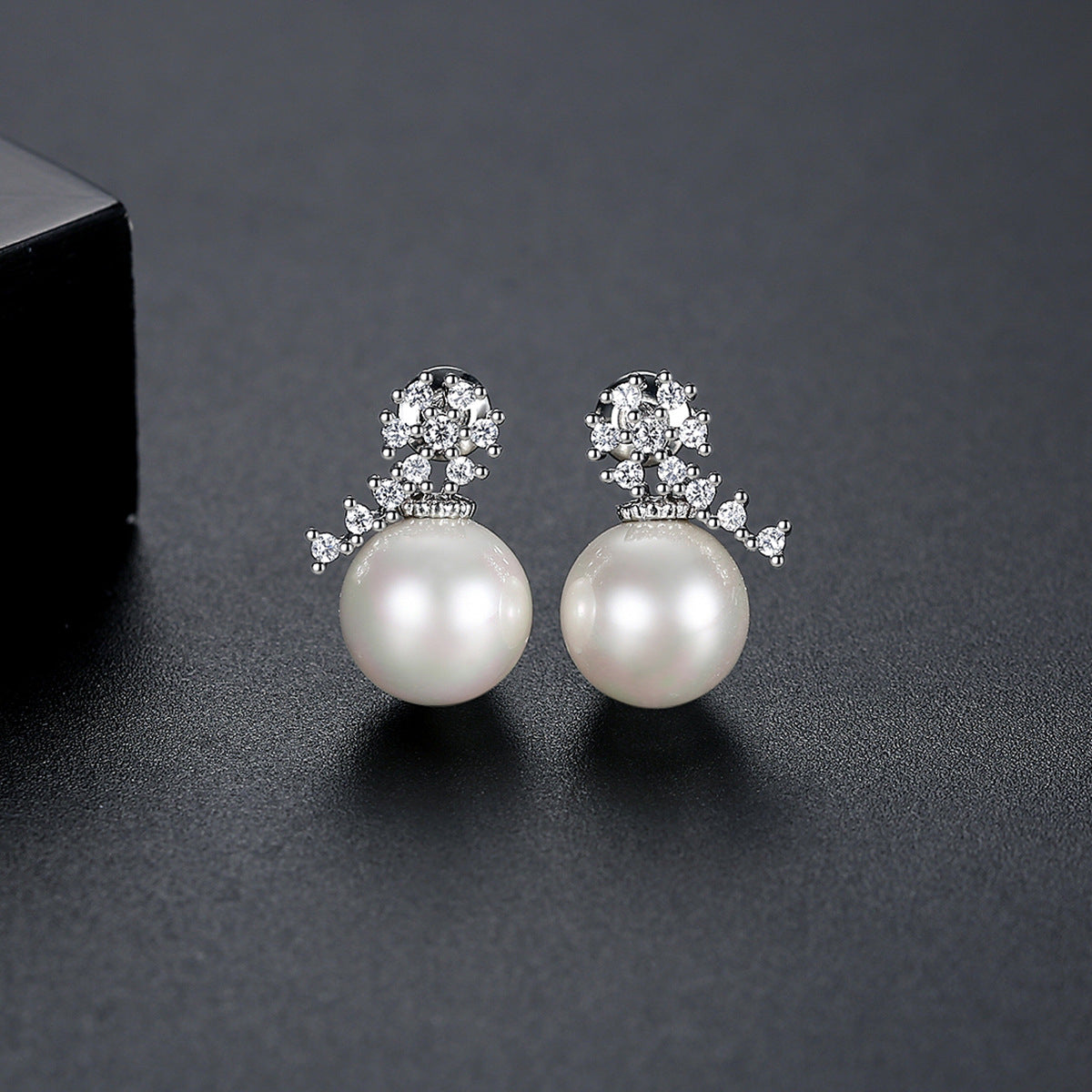 Pearl and Cubic Zirconia Silver-Plated Flower Drop Earrings, silver drop earrings for women, elegant gift for her, side view