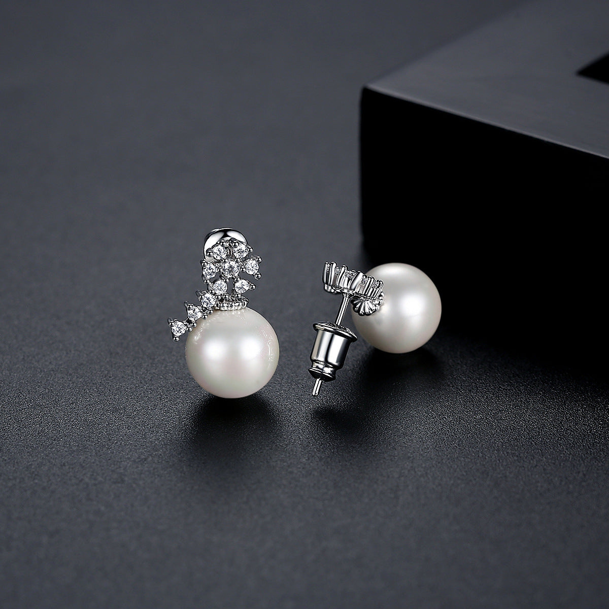 Pearl and Cubic Zirconia Silver-Plated Flower Drop Earrings, silver drop earrings for women, detail close-up