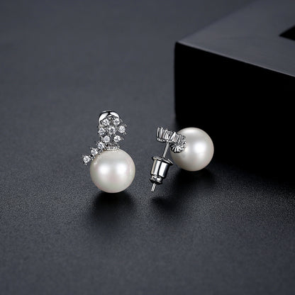 Pearl and Cubic Zirconia Silver-Plated Flower Drop Earrings, silver drop earrings for women, detail close-up