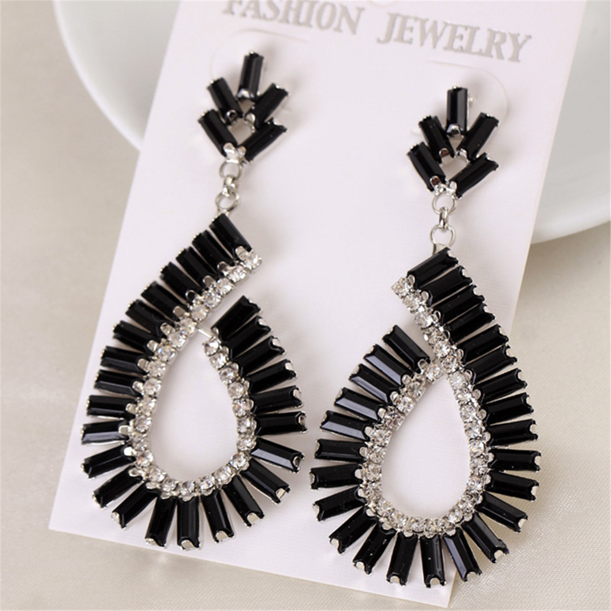 Black and Silver-Plated Baguette Open Teardrop Earrings, silver drop earrings for women, botanical inspired, front view
