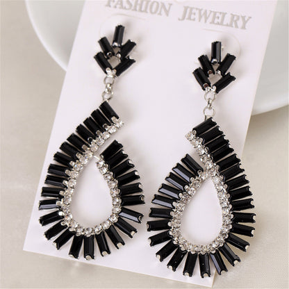 Black and Silver-Plated Baguette Open Teardrop Earrings, silver drop earrings for women, botanical inspired, front view