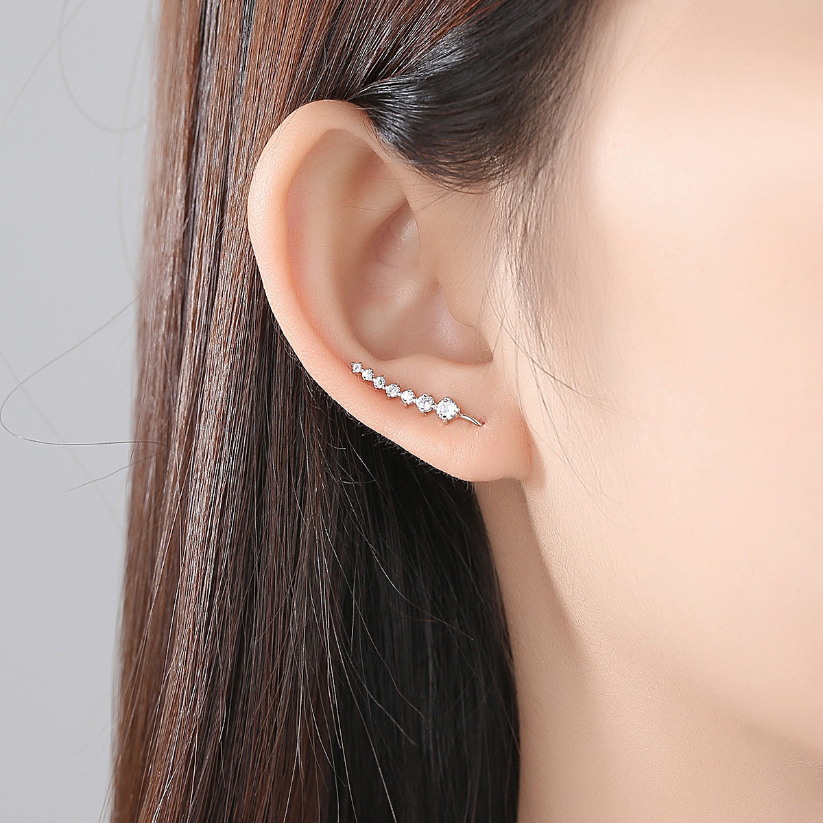 Cubic Zirconia and Silver-Plated Ear Climbers, silver stud earrings for women, elegant gift for her, front view
