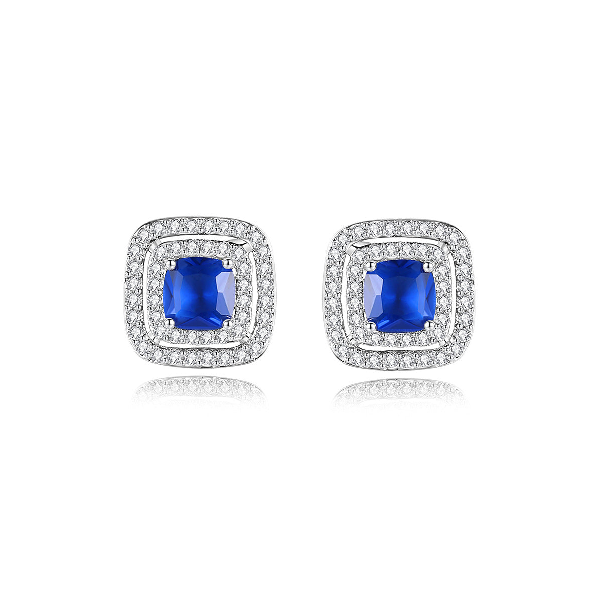 Blue Crystal and Cubic Zirconia Silver-Plated Halo Square Stud Earrings, silver stud earrings for women, side view