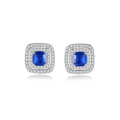 Blue Crystal and Cubic Zirconia Silver-Plated Halo Square Stud Earrings, silver stud earrings for women, side view