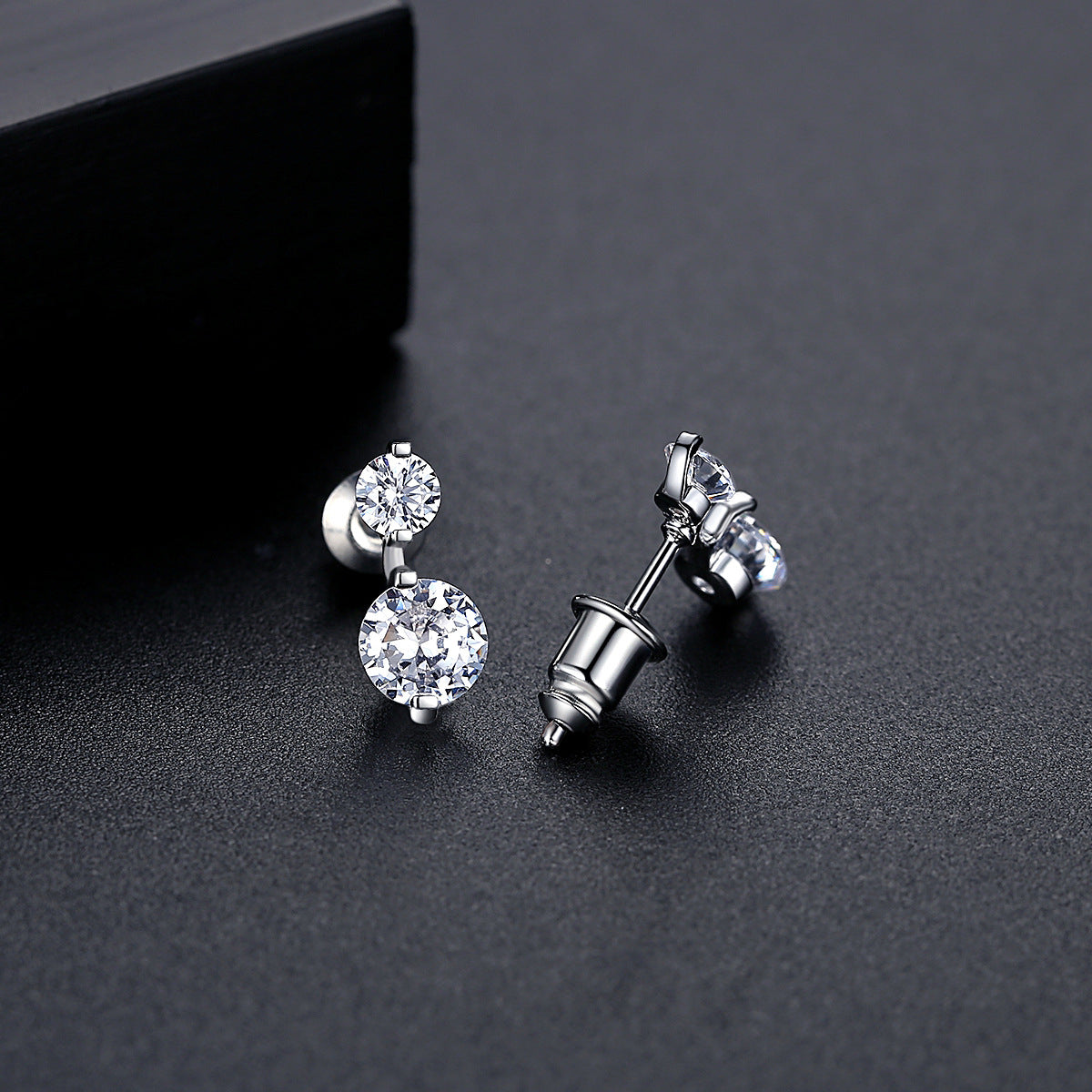 Cubic Zirconia and Silver-Plated Double Round Stud Earrings, silver stud earrings for women, front view
