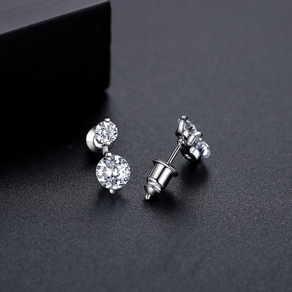 Cubic Zirconia and Silver-Plated Double Round Stud Earrings, silver stud earrings for women, front view