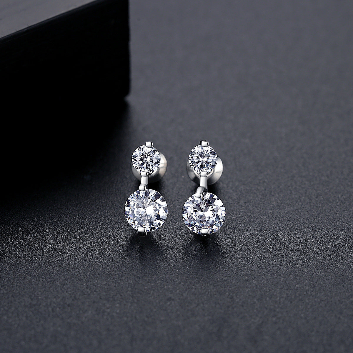 Cubic Zirconia and Silver-Plated Double Round Stud Earrings, silver stud earrings for women, detail close-up