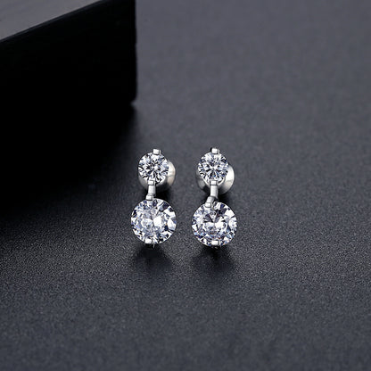 Cubic Zirconia and Silver-Plated Double Round Stud Earrings, silver stud earrings for women, detail close-up
