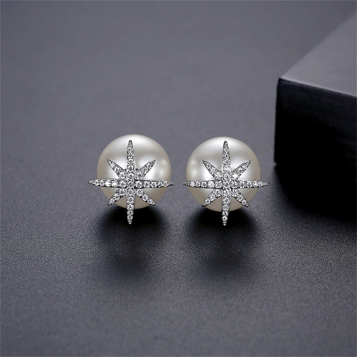 Cubic Zirconia and Pearl Silver-Plated Star Ear Jackets, silver stud earrings for women, vintage-inspired design, side view