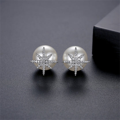 Cubic Zirconia and Pearl Silver-Plated Star Ear Jackets, silver stud earrings for women, vintage-inspired design, side view