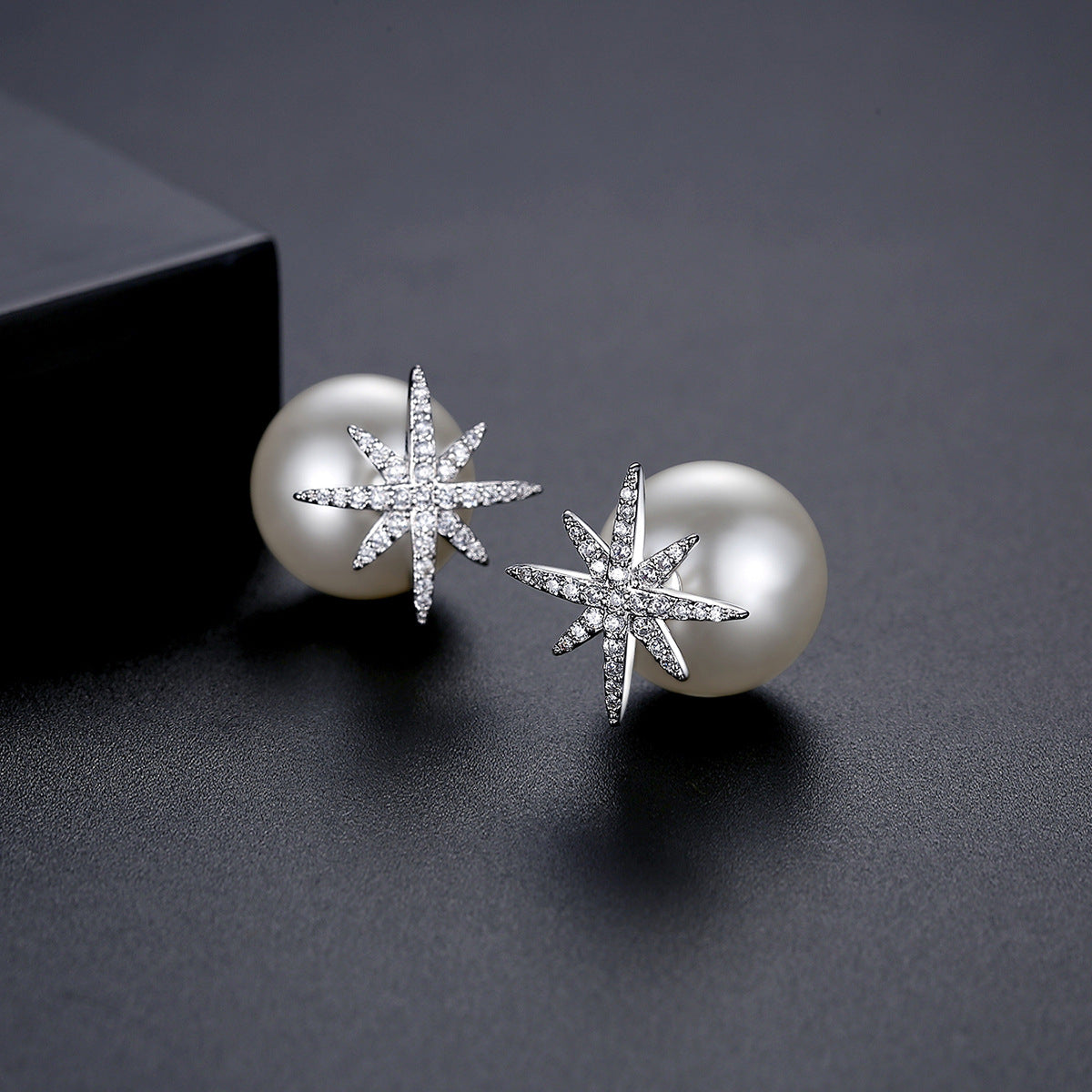Cubic Zirconia and Pearl Silver-Plated Star Ear Jackets, silver stud earrings for women, detail close-up