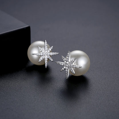 Cubic Zirconia and Pearl Silver-Plated Star Ear Jackets, silver stud earrings for women, detail close-up
