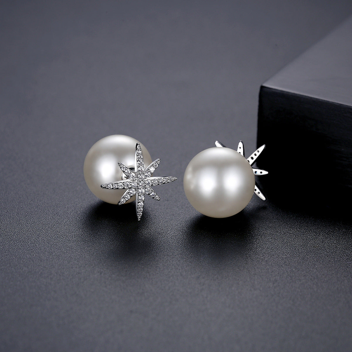 Cubic Zirconia and Pearl Silver-Plated Star Ear Jackets, silver stud earrings for women, vintage-inspired design, front view