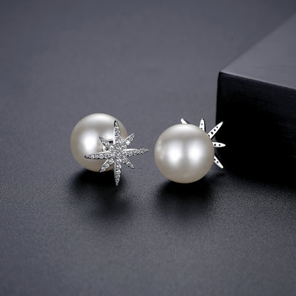 Cubic Zirconia and Pearl Silver-Plated Star Ear Jackets, silver stud earrings for women, vintage-inspired design, front view